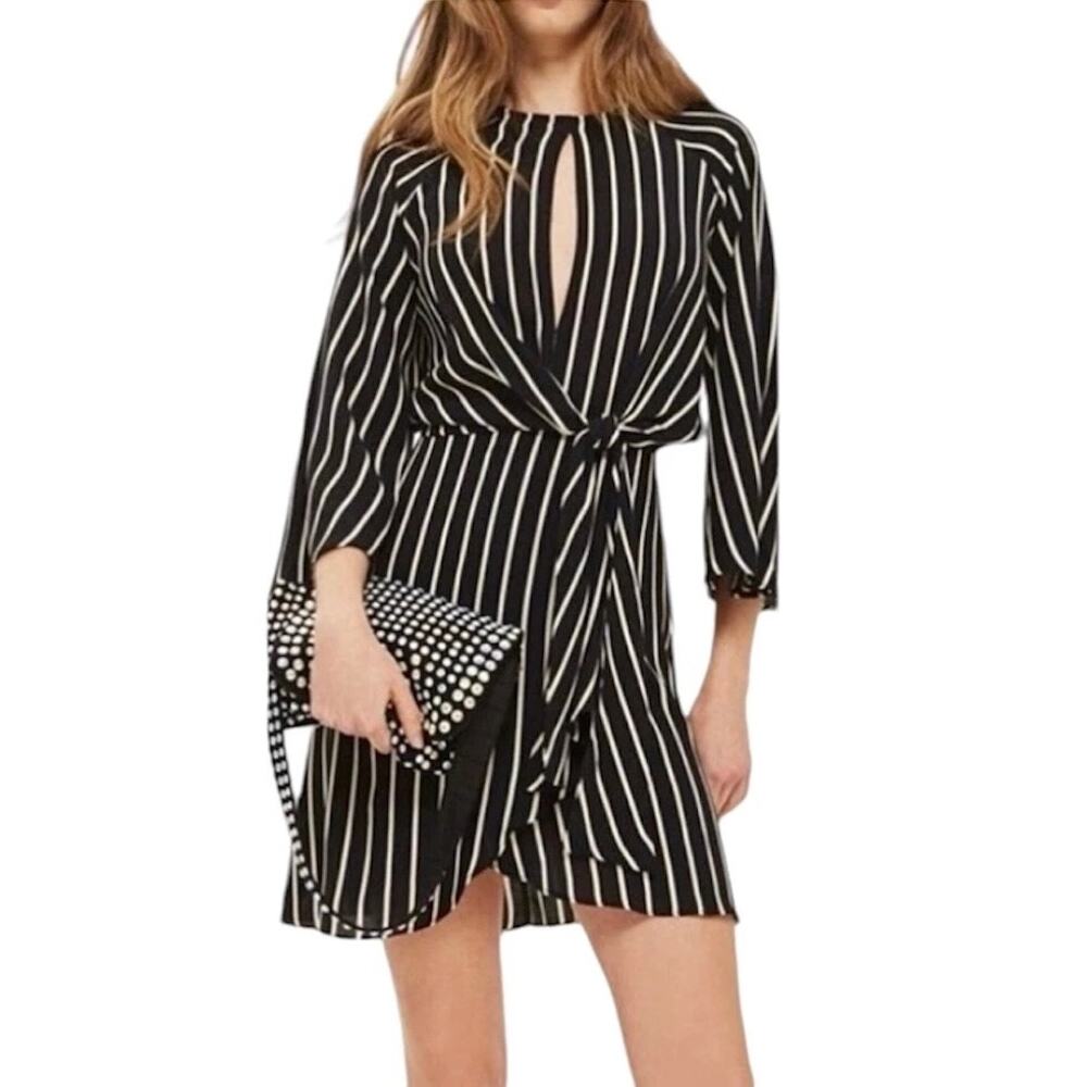 Topshop Black & White Striped Wrap Dress